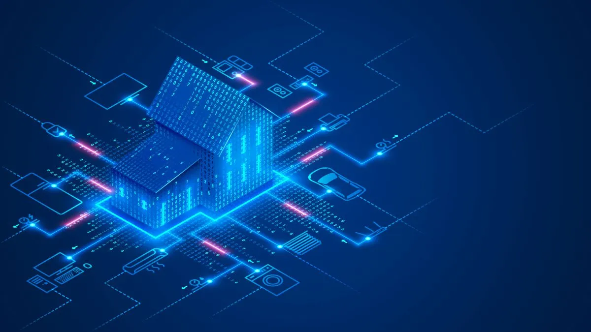 Jens Letzig – Immobilien – Konzeptbanner für Smart-Home-Technologie. Das Gebäude besteht aus Ziffern und ist mit Symbolen von Smart-Home-Geräten verbunden.